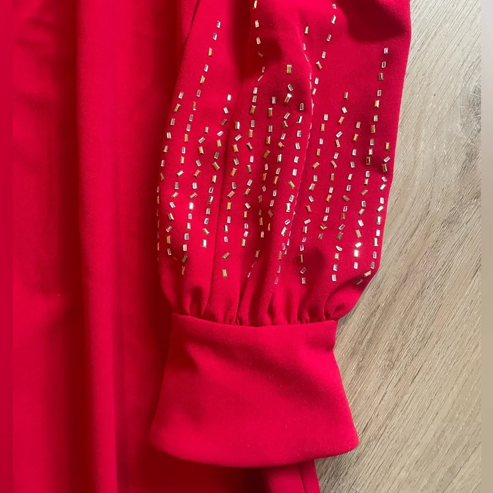 Calvin Klein Red Long-Sleeve Embellished Shift Dress - Picture 7 of 14